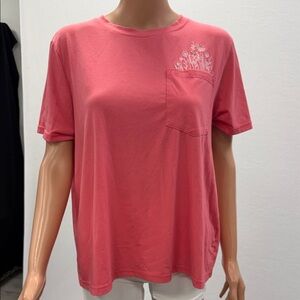 Women's Pocket Tee with Floral Embroidery - Coral Pink